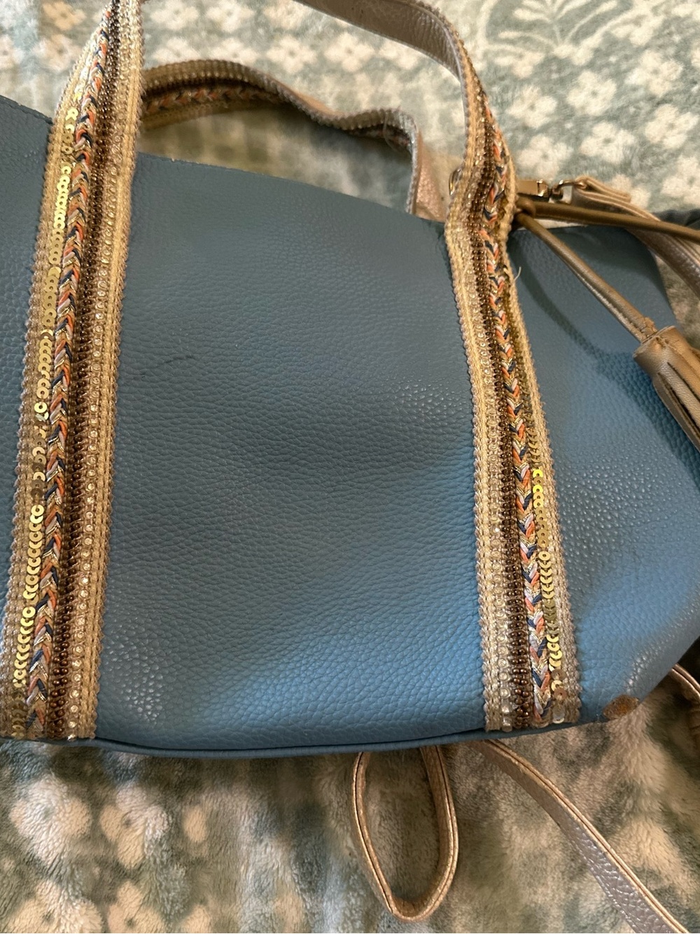 Blue Tote Bag with Gold-Trim Detail